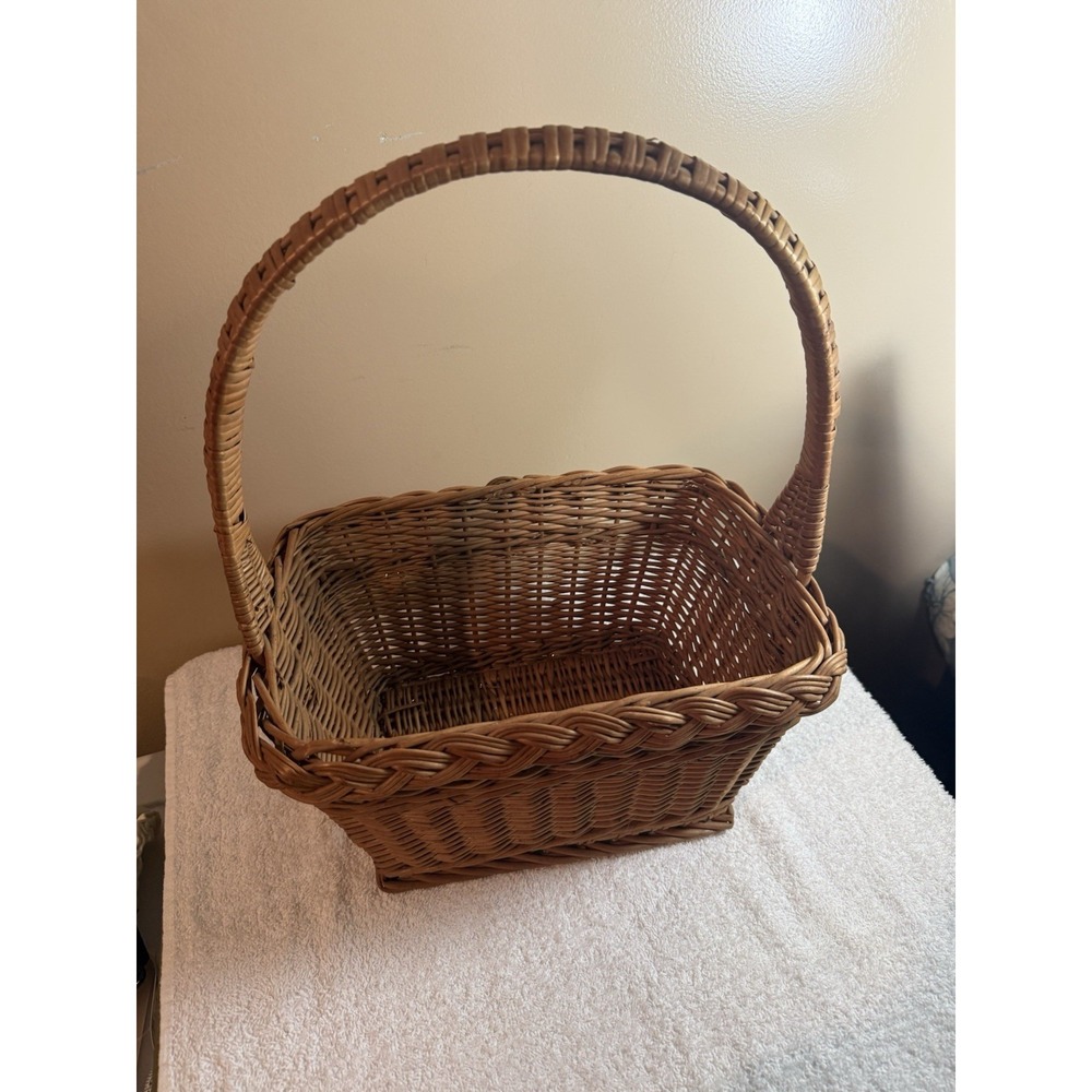 Vintage Large Easter Style Basket Rectangular Brown Wicker Braided Well Made